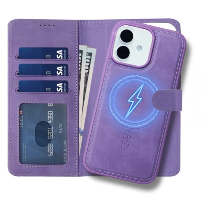 For iPhone 15 Plus Jewel Wallet Design with Stitched PU Leather ID Card Money Holder Zipper Case - Purple