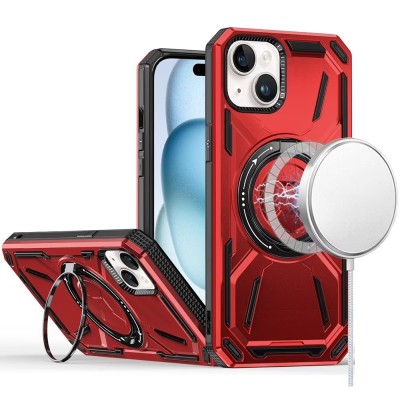 For iPhone 15 Plus Loop Hybrid with [Magnetic Ring Circle] 360 degrees Rotational Kickstand Case Cover - Red