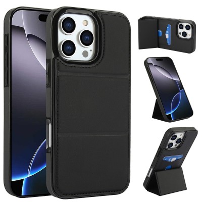 For iPhone 15 Plus Luxury Vertical Magnetic Button Card ID Holder PU Leather Case Cover - Black