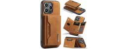 For iPhone 15 Plus Luxury Vertical Magnetic Button Card ID Holder PU Leather Case Cover - Brown