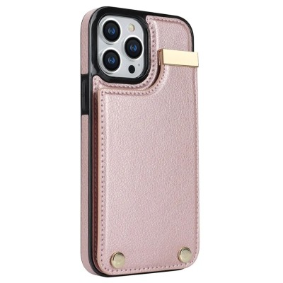 For iPhone 15 Plus Luxury Vertical Magnetic Button Card ID Holder PU Leather Case Cover - Rose Gold