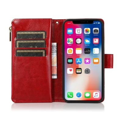 For iPhone 15 Plus Luxury Wallet Card ID Zipper Money Holder Case Cover - Red
