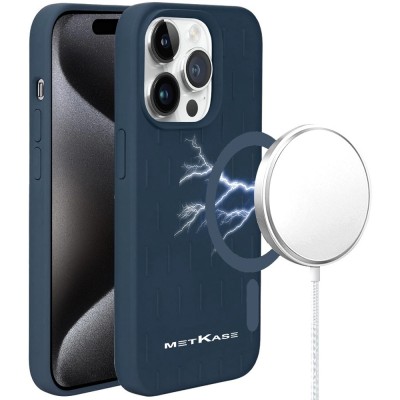 For iPhone 15 Plus METKASE Apple-Peel Stick PU Leather [Magnetic Circle] Premium Hybird Case - Dark Blue