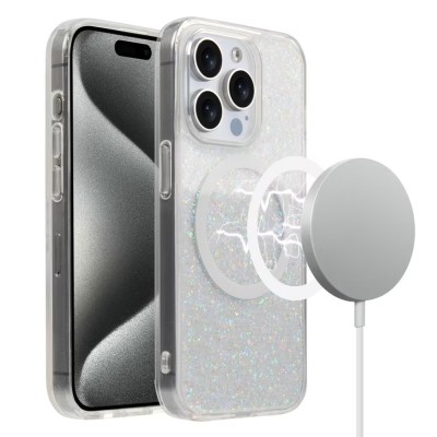 For iPhone 15 Plus METKASE Basic Transparent [Magnetic Circle] Premium Hybrid - Black with Glitter