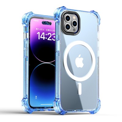For iPhone 15 Plus METKASE Chrome Lined Pattern [Magnetic Circle] Premium Case - Blue