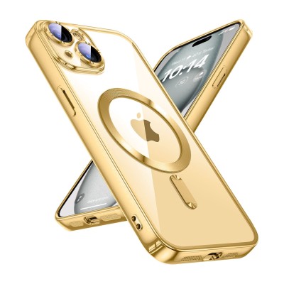 For iPhone 15 Plus METKASE Double Protection IMD Design Pattern [Magnetic Circle] Premium Case - Gold IMD