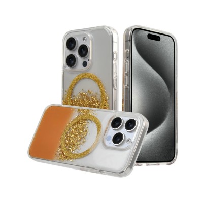 For iPhone 15 Plus METKASE GLITTER Transparet [MAGNETIC CIRCLE] Shockproof Hybrid - Gold/Black