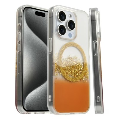 For iPhone 15 Plus METKASE GLITTER Transparet [MAGNETIC CIRCLE] Shockproof Hybrid - Orange