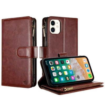 For iPhone 15 Plus METKASE Luxury Wallet Card ID Zipper Money Holder in Slide-Out Package - Brown