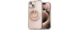 For iPhone 15 Plus METKASE Magnetic Circle Ring Transparent Premium Acrylic Case Cover with Metal Buttons & Camera Raised Lip in Slide-Out Package - Rose Gold