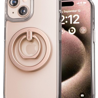 For iPhone 15 Plus METKASE Magnetic Circle Ring Transparent Premium Acrylic Case Cover with Metal Buttons & Camera Raised Lip in Slide-Out Package - Rose Gold