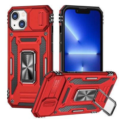 For iPhone 15 Plus METKASE Magnetic Ring Stand Premium Ultra Rugged ShockProof Hybrid in Slide-Out Package - Red