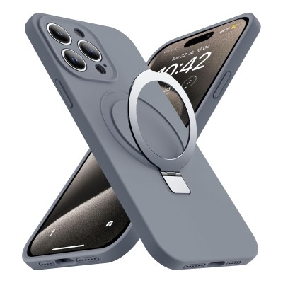 For iPhone 15 Plus METKASE Premium Magnetic Circle Ring Stand LIQUID Silicone in Slide-Out Package - Grey