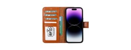 For iPhone 15 Plus METKASE Wallet PU Vegan Leather ID Card Money Holder with Magnetic Closure in Slide-Out Package - Brown
