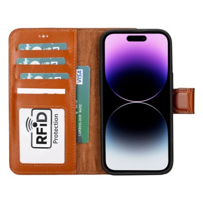 For iPhone 15 Plus METKASE Wallet PU Vegan Leather ID Card Money Holder with Magnetic Closure in Slide-Out Package - Brown