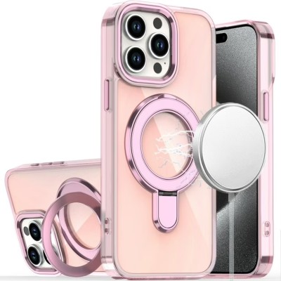 For iPhone 15 Plus Magnetic Ring Circle Bling Chrome 3in1 Hybrid Case - Pink