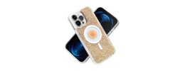 For iPhone 15 Plus Magnetic Ring Circle Real Flower Epoxy Glitter Hybrid Case Cover - Gold
