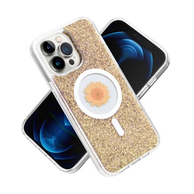 For iPhone 15 Plus Magnetic Ring Circle Real Flower Epoxy Glitter Hybrid Case Cover - Gold