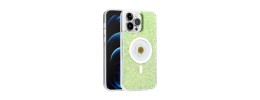 For iPhone 15 Plus Magnetic Ring Circle Real Flower Epoxy Glitter Hybrid Case Cover - Green