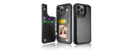 For iPhone 15 Plus Magnetic Ring Compatible Deattachable PU Leather Hybrid Wallet Money Card Holder with Lanyard - Black