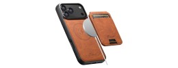 For iPhone 15 Plus Magnetic Ring Compatible Deattachable PU Leather Hybrid Wallet Money Card Holder with Lanyard - Brown