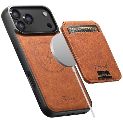 For iPhone 15 Plus Magnetic Ring Compatible Deattachable PU Leather Hybrid Wallet Money Card Holder with Lanyard - Brown