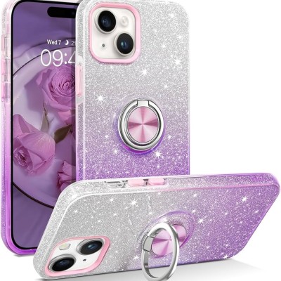 For iPhone 15 Plus Magnetic Ring Glitter 3in1 Hybrid Case Cover - Purple