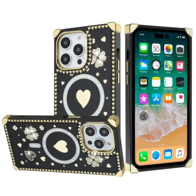 For iPhone 15 Plus Magnetic Ring Stand Square Passion Hearts Glitter Case Cover - Black