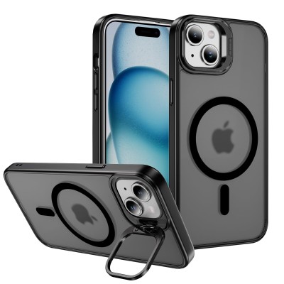 For iPhone 15 Plus Metal Chrome Kickstand [Magnetic Circle] Shockproof Matching Camera Hybrid - Black