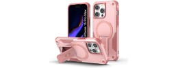 For iPhone 15 Plus Metal Chrome Kickstand [Magnetic Circle] Shockproof Matching Camera Hybrid - Pink