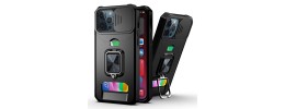 For iPhone 15 Plus Multi-Functional Card Magnetic Ring Stand Hybrid Camera Case Cover - Black