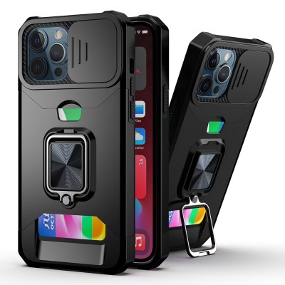 For iPhone 15 Plus Multi-Functional Card Magnetic Ring Stand Hybrid Camera Case Cover - Black