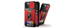 For iPhone 15 Plus Multi-Functional Card Magnetic Ring Stand Hybrid Camera Case Cover - Red