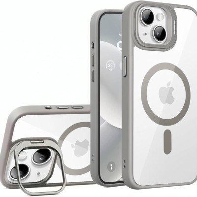For iPhone 15 Plus Multi-Functional Card Magnetic Ring Stand Hybrid Camera Case Cover - Silver