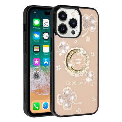 For iPhone 15 Plus Passion Square Hearts Diamond Glitter Ornaments Engraving Case Cover - Good Luck Floral Gold