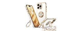 For iPhone 15 Plus Passion Square Hearts Smiling Diamond Ring Stand Case Cover - Gold
