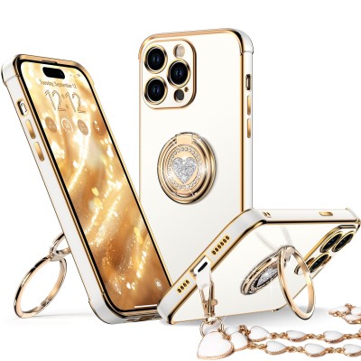 For iPhone 15 Plus Passion Square Hearts Smiling Diamond Ring Stand Case Cover - Gold