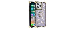 For iPhone 15 Plus Passion Square Hearts Smiling Diamond Ring Stand Case Cover - Purple