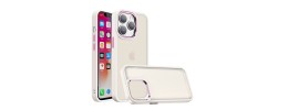 For iPhone 15 Plus Polished Oil Thick Acrylic Metal Button Hybrid Case Cover - Beige