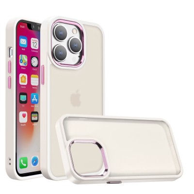 For iPhone 15 Plus Polished Oil Thick Acrylic Metal Button Hybrid Case Cover - Beige