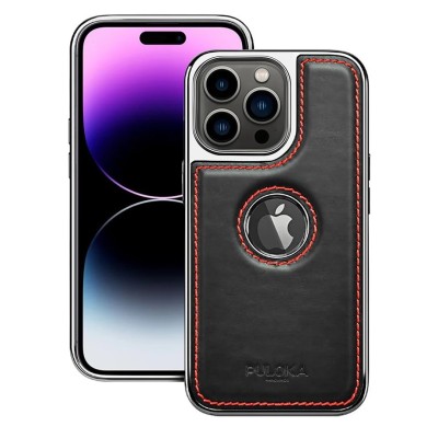 For iPhone 15 Plus Premium PU Leather Square Heart Hybrid Case - Black