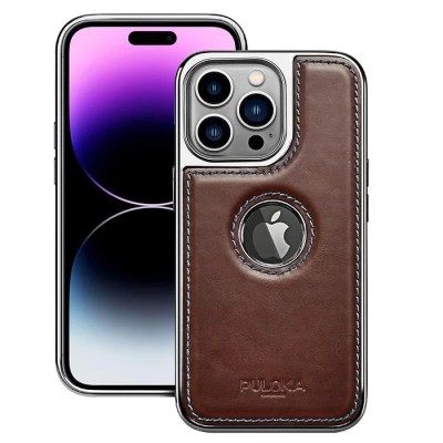 For iPhone 15 Plus Premium PU Leather Square Heart Hybrid Case - Brown