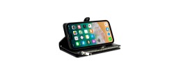 For iPhone 15 Plus Purse Style Wallet Card ID Money Holder with Zip containing Long & Short Lanyard - Black