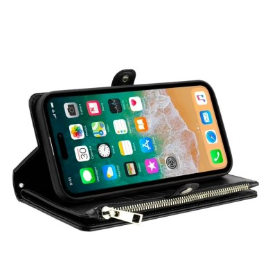 For iPhone 15 Plus Purse Style Wallet Card ID Money Holder with Zip containing Long & Short Lanyard - Black