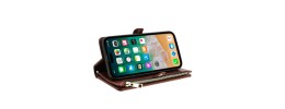 For iPhone 15 Plus Purse Style Wallet Card ID Money Holder with Zip containing Long & Short Lanyard - Brown