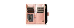 For iPhone 15 Plus Purse Style Wallet Card ID Money Holder with Zip containing Long & Short Lanyard - Rose Gold