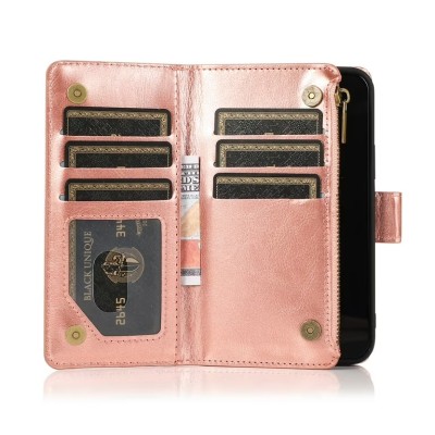 For iPhone 15 Plus Purse Style Wallet Card ID Money Holder with Zip containing Long & Short Lanyard - Rose Gold