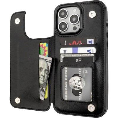 For iPhone 15 Plus Retro Wallet Card Holder Case Cover - Black
