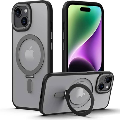 For iPhone 15 Plus Ring Magnetic Kickstand Hybrid Case Cover - Black