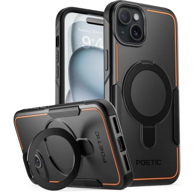 For iPhone 15 Plus Robotic Hybrid with Magnetic Ring Stand Case Cover - Black